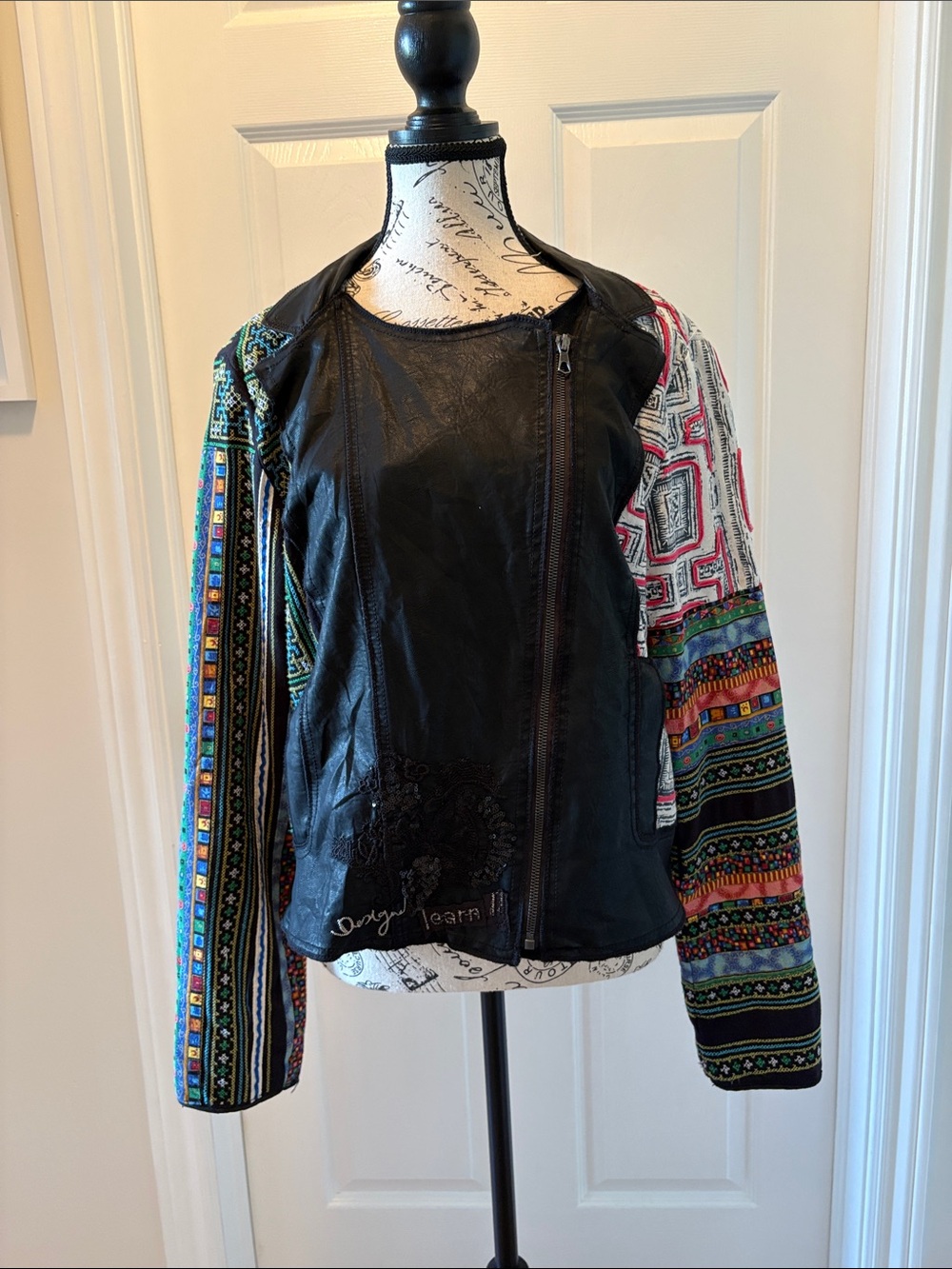 Desigual Black Faux Leather Jacket with Multicolor Embroidered Panels.